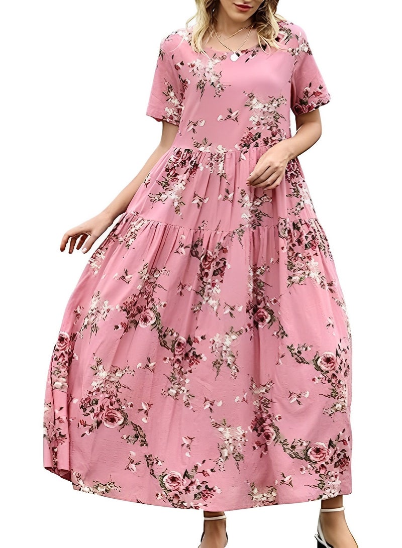 ريوكل فستان نسائي كاجوال فضفاض بأكمام قصيرة وطويل بتصميم بوهيمي مزهر فستان ماكسي صيفي مناسب للشاطئ - Image 2