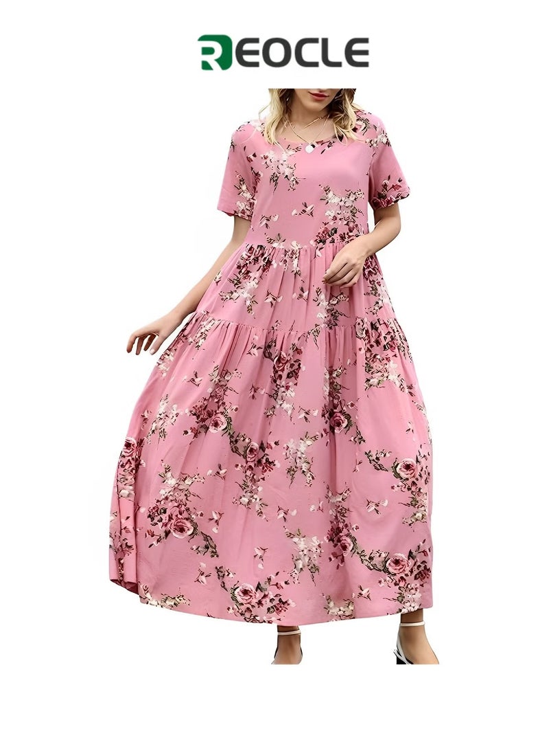 ريوكل فستان نسائي كاجوال فضفاض بأكمام قصيرة وطويل بتصميم بوهيمي مزهر فستان ماكسي صيفي مناسب للشاطئ - Image 1