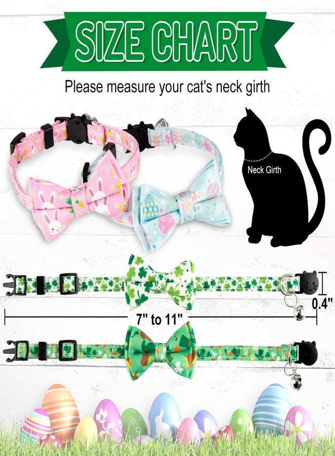 وولاين مجموعة من 4 أطواق للقطط من والين، بتصميمات عيد القديس باتريك وعيد الفصح، مزينة بفيونكة وجرس، بنقوش برسيم وأرنب وبيضة، مع آلية أمان قابلة للتعديل، مناسبة للقطط والجراء الصغيرة. - Image 2