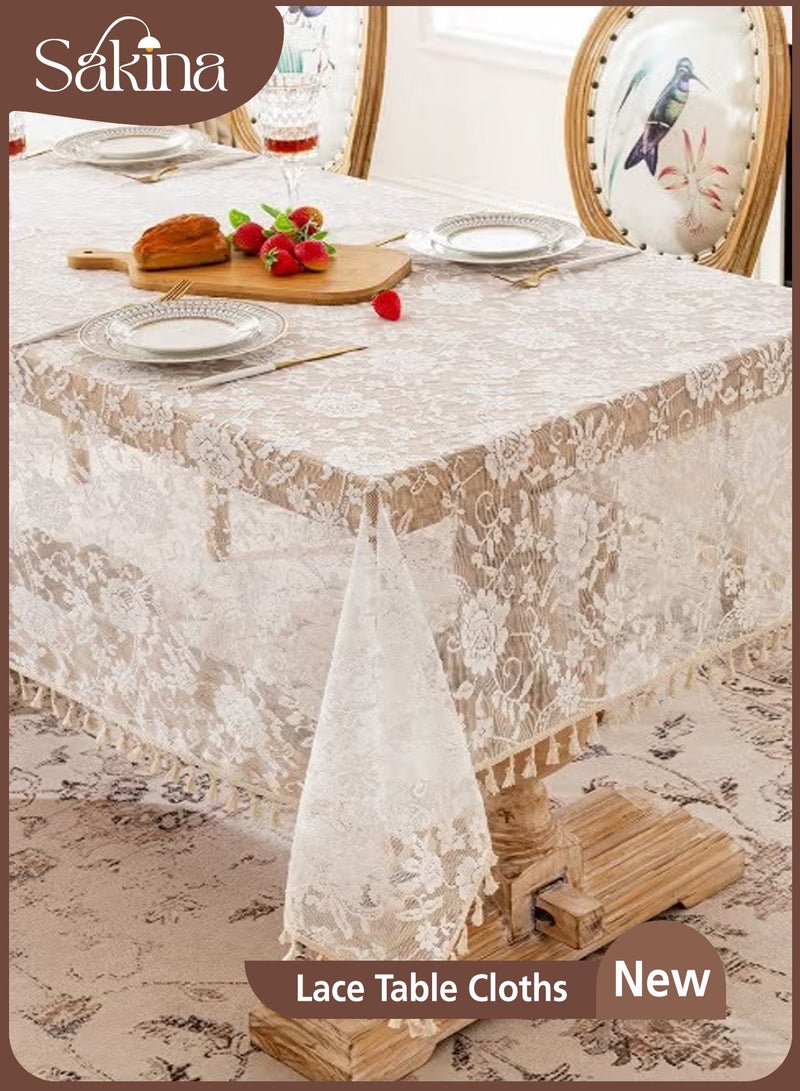 سكينة مفرش طاولة دانتيل أبيض، مفرش دانتيل مستطيل، مفرش دانتيل كلاسيكي للمناسبات، مفرش دانتيل مزخرف لحفلات الزفاف والعشاء والديكور المنزلي - Image 1