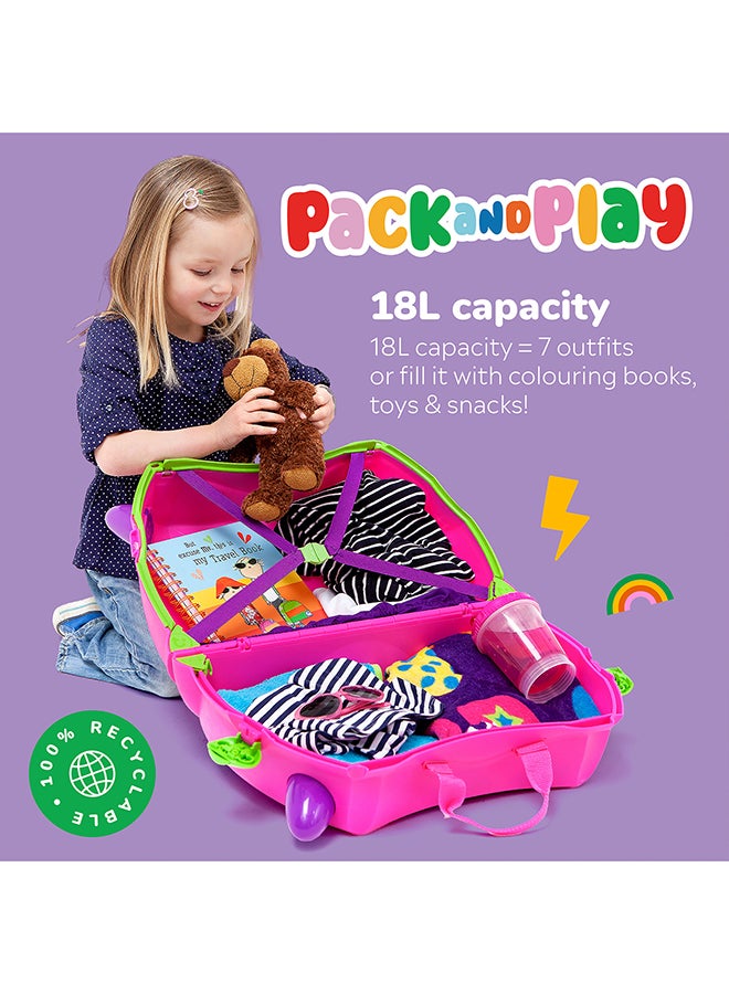 Trunki Trixie Pink Ride-On Suitcase for Kids, Carry-On Cabin Luggage with Wheels, Tow Strap, Storage Compartments and Travel Toy for Toddlers - Image 5