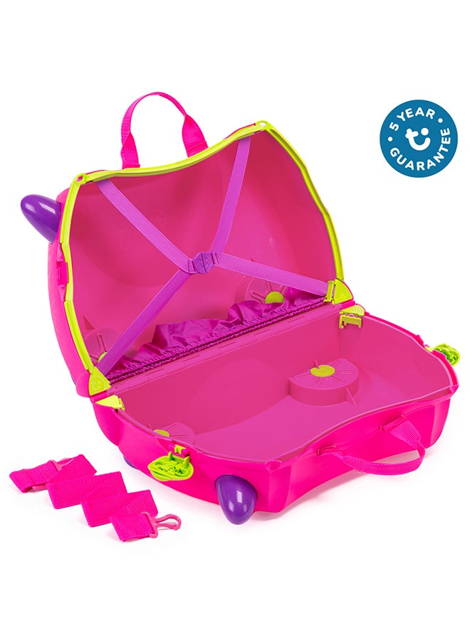 Trunki Trixie Pink Ride-On Suitcase for Kids, Carry-On Cabin Luggage with Wheels, Tow Strap, Storage Compartments and Travel Toy for Toddlers - Image 2