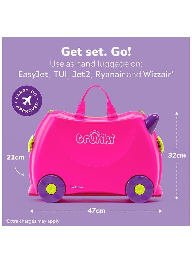 Trunki Trixie Pink Ride-On Suitcase for Kids, Carry-On Cabin Luggage with Wheels, Tow Strap, Storage Compartments and Travel Toy for Toddlers - Image 3