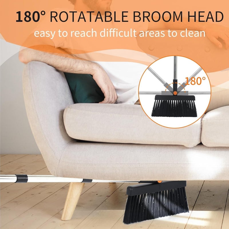 HOUSLET Broom and Dustpan Set, Large Brooms and Dust Pans with 48'' Long Handle, Upright Broom and Dustpan Comb for Lobby Dog Cat Pets Hair Home Use and Kitchen Cleaning (Orange and Black) - Image 3