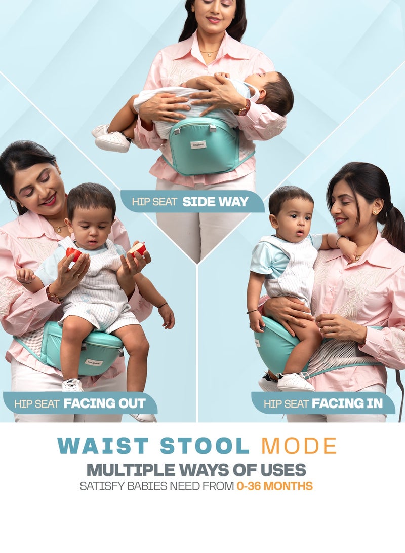 Baybee Flownest Baby Carrier for 0 to 3 Years Baby | Adjustable Baby Carry Bag with 6 Carrying Positions, Breathable Mesh Fabric & Back Support | 30° Inclined Non-Slip Padded Hip Seat Baby Carrier for Newborn| Kangaroo Bags for Toddlers Green - Image 3