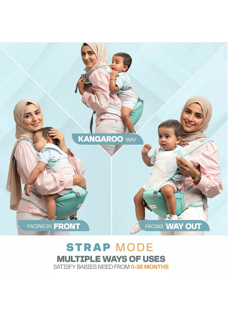 Baybee Flownest Baby Carrier for 0 to 3 Years Baby | Adjustable Baby Carry Bag with 6 Carrying Positions, Breathable Mesh Fabric & Back Support | 30° Inclined Non-Slip Padded Hip Seat Baby Carrier for Newborn| Kangaroo Bags for Toddlers Green - Image 3