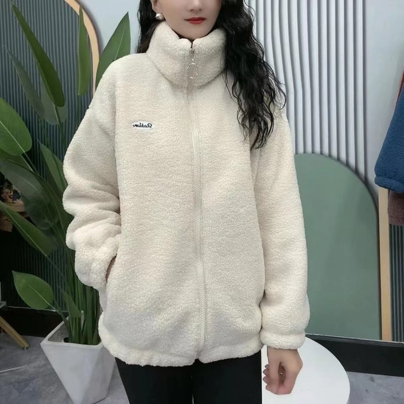 2023 Winter Fleece-Lined And Thickened Jacket Warm Clothing For Women Age-Reducing Loose-Fit Slimming Top Crew Neck Design Creamy-white  - Image 1