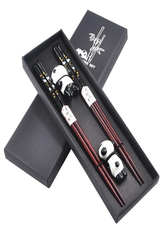 Kenpal Wooden Japanese Chopsticks with Ceramic Panda Holders - 9-Inch Elegant Reusable Chopsticks Gift Set for Sushi Lovers Couples (Black-Black) - Image 1