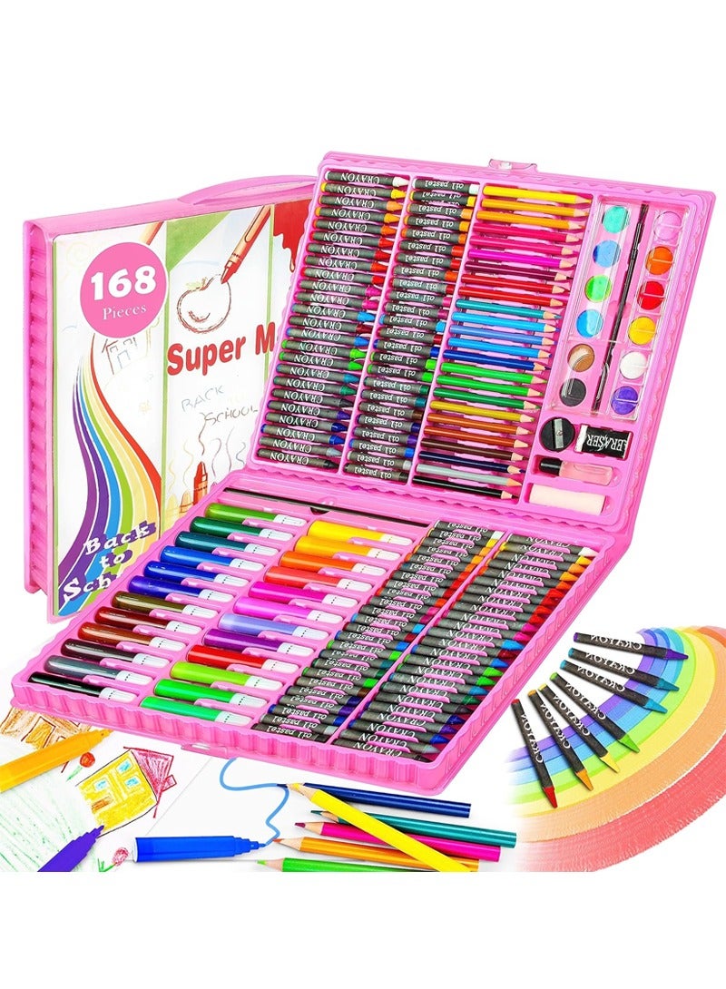 CAYGA 168 PCS Art Supplies, Drawing Art Kit for Kids Adults Art Set with Oil Pastels, Crayons, Colored Pencils, Watercolor Pens Gift for Girls Boys Artist,Pink - Image 1