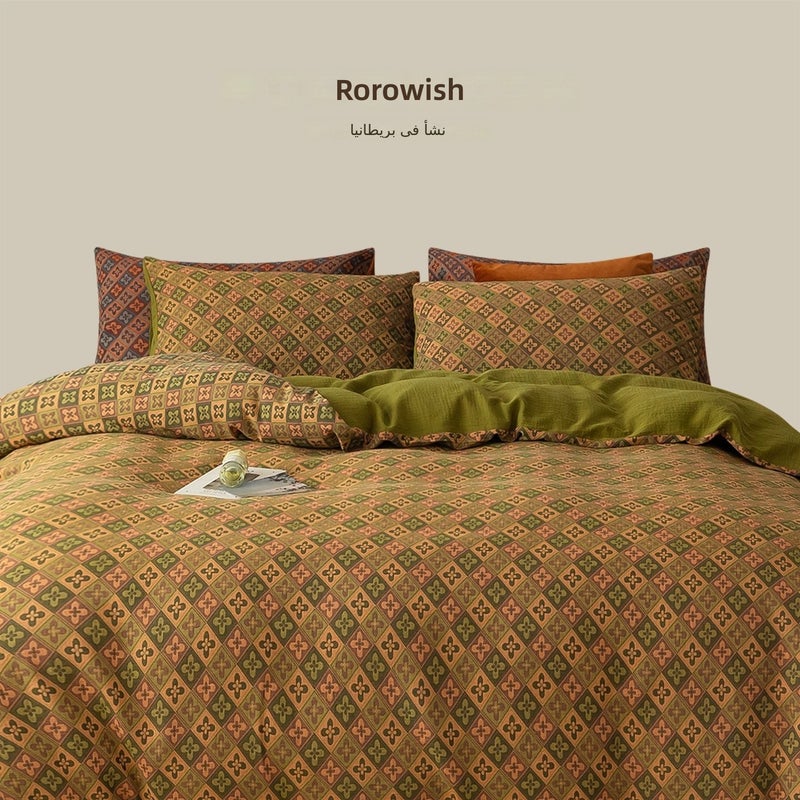 ROROWISH Vintage Breathable Double-Layer Gauze Bed Sheet Set - Blossom Shore - Green, 4 Pieces, 100TC Cotton, A-Class Safety - Image 4