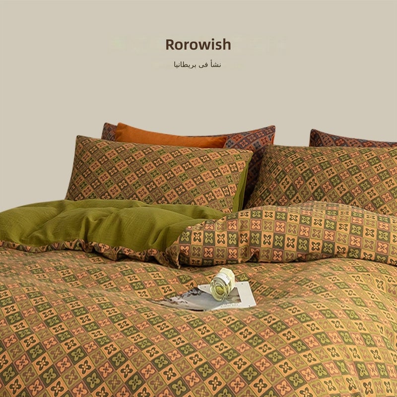 ROROWISH Vintage Breathable Double-Layer Gauze Bed Sheet Set - Blossom Shore - Green, 4 Pieces, 100TC Cotton, A-Class Safety - Image 3