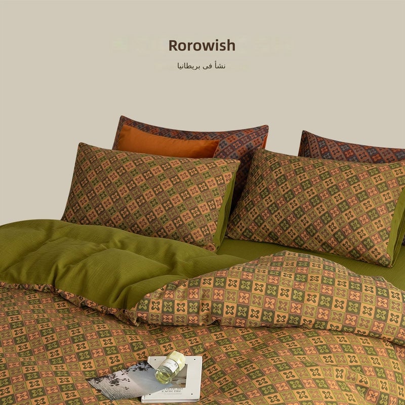 ROROWISH Vintage Breathable Double-Layer Gauze Bed Sheet Set - Blossom Shore - Green, 4 Pieces, 100TC Cotton, A-Class Safety - Image 1
