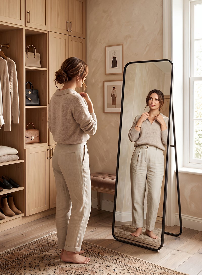 تايمي مرآة مستطيلة الشكل مقاس 120×30 سم بحواف دائرية، مرآة كاملة الطول مع حامل وإطار معدني، مرآة أرضية، مرآة حائط معلقة أو مائلة لغرفة المعيشة، غرفة النوم، المدخل، سوداء - Image 4