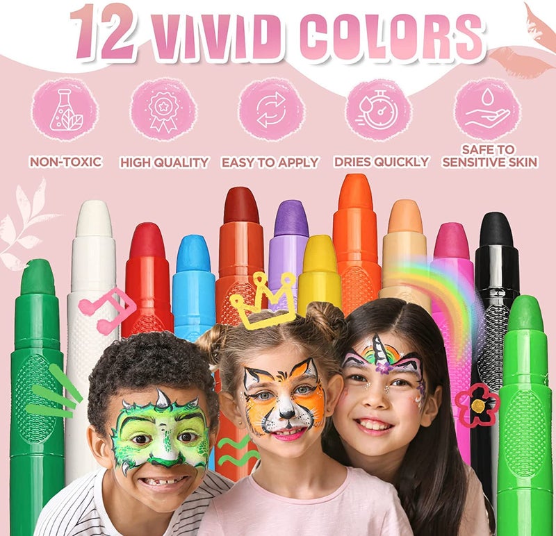 Beesjuy Face Painting Kits for Kids,12 Color Water Based Face Paint Kit, Washable Kids Body Paint for Makeup, for Birthday, Halloween, Thanksgiving Day, Cosplay Makeup, Gifts for Kids/Children - Image 2