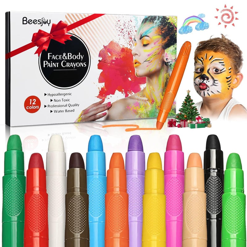 Beesjuy Face Painting Kits for Kids,12 Color Water Based Face Paint Kit, Washable Kids Body Paint for Makeup, for Birthday, Halloween, Thanksgiving Day, Cosplay Makeup, Gifts for Kids/Children - Image 1