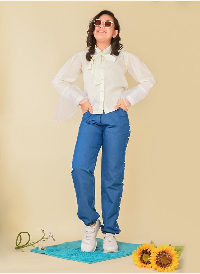 LILPICKS Balloon Sleeve Shirt with Embroidered Jogger Jeans Set  - Image 3