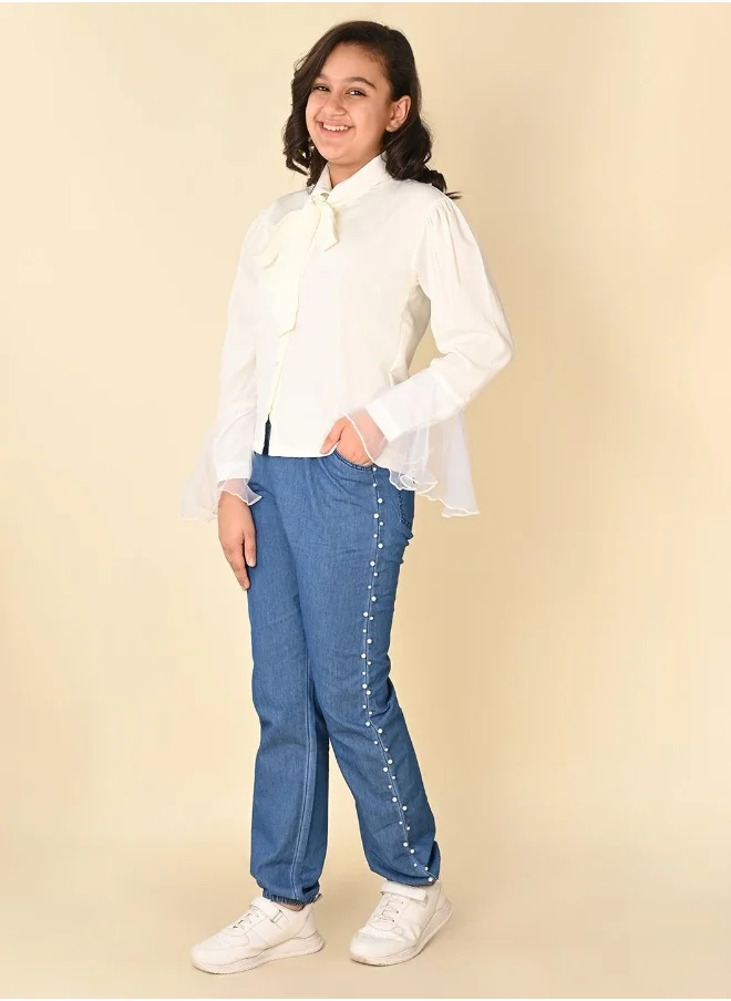 ليلك Balloon Sleeve Shirt with Embroidered Jogger Jeans Set