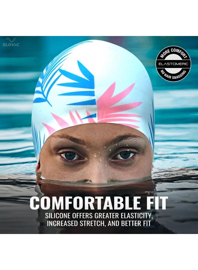 SLOVIC White Leaf Printed Swimming Caps For Men And Women With Long Hair | Waterproof Cap For Swimming Silicone | Free-Size For Great Fit | No Hair Pulling | Prevents Chemical Damage - Image 4