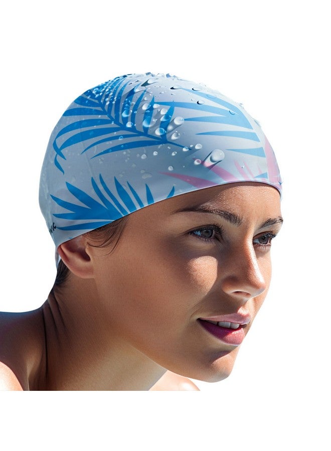 SLOVIC White Leaf Printed Swimming Caps For Men And Women With Long Hair | Waterproof Cap For Swimming Silicone | Free-Size For Great Fit | No Hair Pulling | Prevents Chemical Damage - Image 1