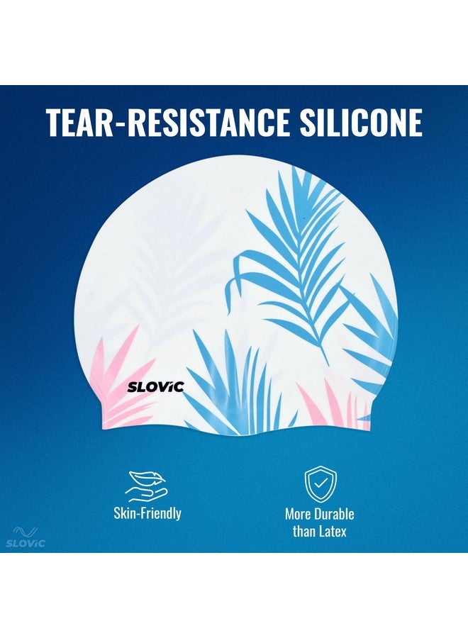 SLOVIC White Leaf Printed Swimming Caps For Men And Women With Long Hair | Waterproof Cap For Swimming Silicone | Free-Size For Great Fit | No Hair Pulling | Prevents Chemical Damage - Image 3