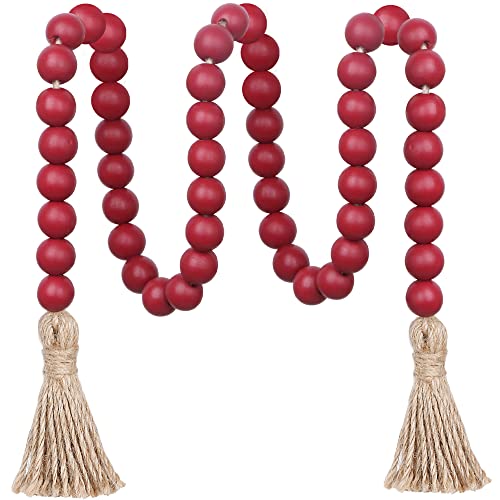 Meplait 39in Wood Bead Garland Farmhouse with Tassels,Versatile Prayer Beads Boho Chic Wall Hanging Home Decor (Burgundy) - Image 1