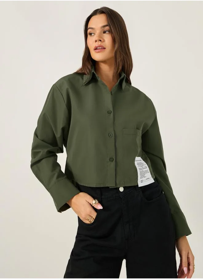 Styli Solid Boxy Fit Crop Shirt with Patch Detail