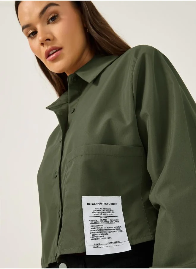 Styli Solid Boxy Fit Crop Shirt with Patch Detail