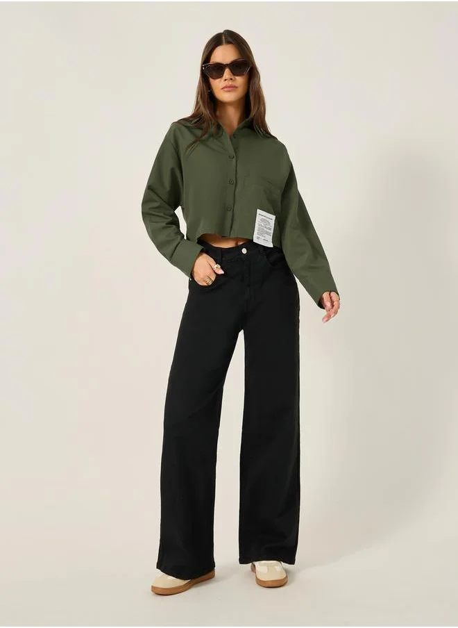 Styli Solid Boxy Fit Crop Shirt with Patch Detail