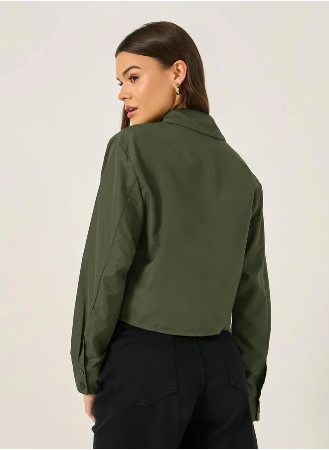 Styli Solid Boxy Fit Crop Shirt with Patch Detail