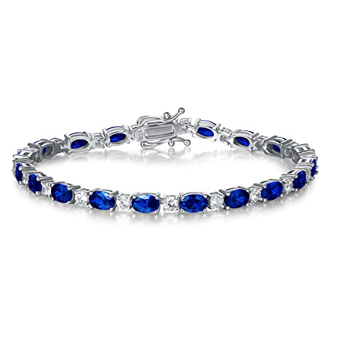 FANCIME September Birthstone Bracelet Sterling Silver Created Sapphire Tennis Bracelet Cubic Zirconia Oval Gemstone Dainty Fine Jewelry for Women 7" - Image 1