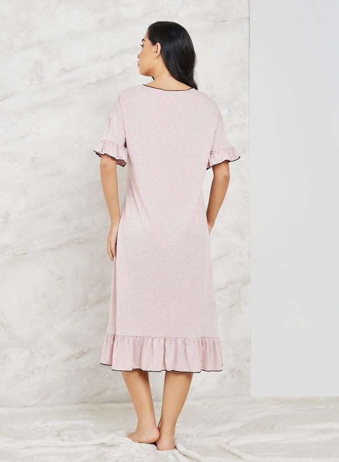 Styli Styli Melange Contrast Edge Ruffle Hem and Sleeve Sleep Dress  - Image 4