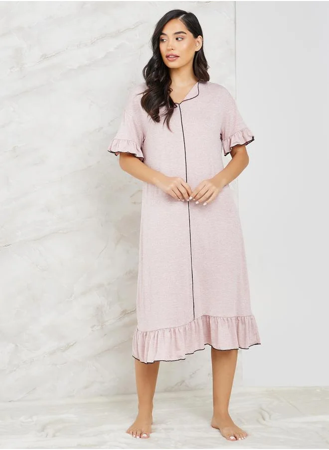 Styli Styli Melange Contrast Edge Ruffle Hem and Sleeve Sleep Dress