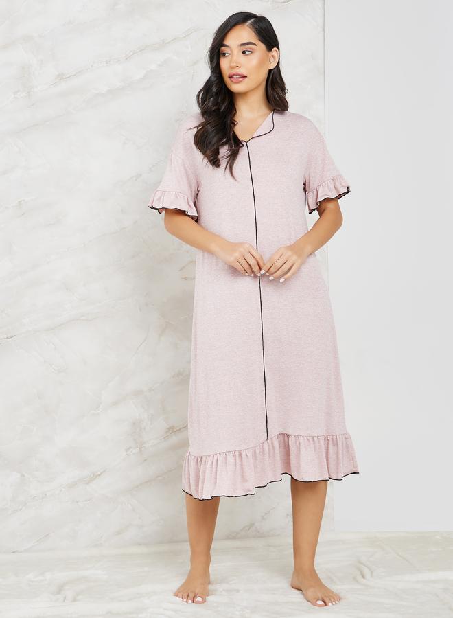 Styli Styli Melange Contrast Edge Ruffle Hem and Sleeve Sleep Dress  - Image 1