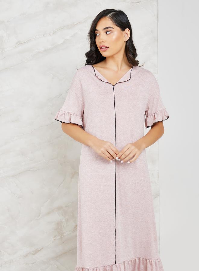 Styli Styli Melange Contrast Edge Ruffle Hem and Sleeve Sleep Dress  - Image 2
