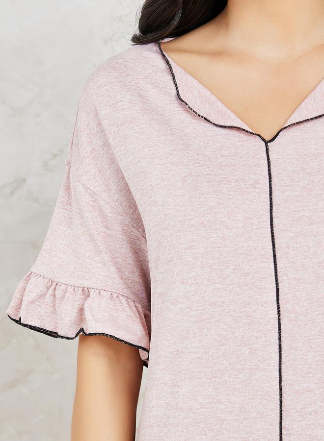 Styli Styli Melange Contrast Edge Ruffle Hem and Sleeve Sleep Dress  - Image 3
