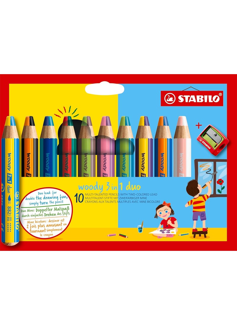 STABILO STABILO MultiTalented Pencil woody 3 in 1 duo  Pack of 10  Assorted Colors with Sharpener  - Image 1