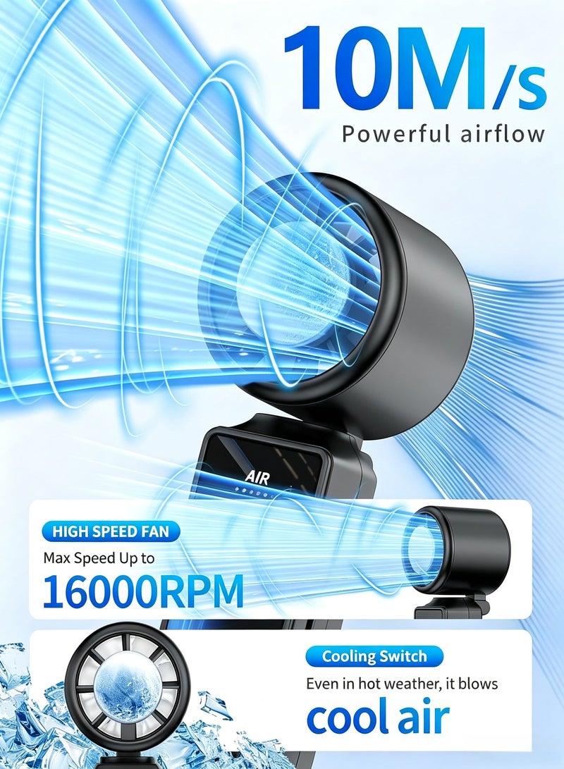 BESTPEAK 3-in-1 Portable Cooling Fan with Active Cooling Technology, 16,000 RPM, 100-Speed Touch Control & LED Display, Type-C Fast Charge, Neck Strap & Stand – for Travel, Office, Outdoor (Black) - Image 2
