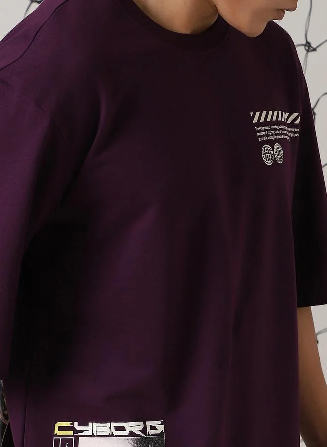 Hubberholme Men's Purple 100% Cotton Printed Oversized T-Shirt