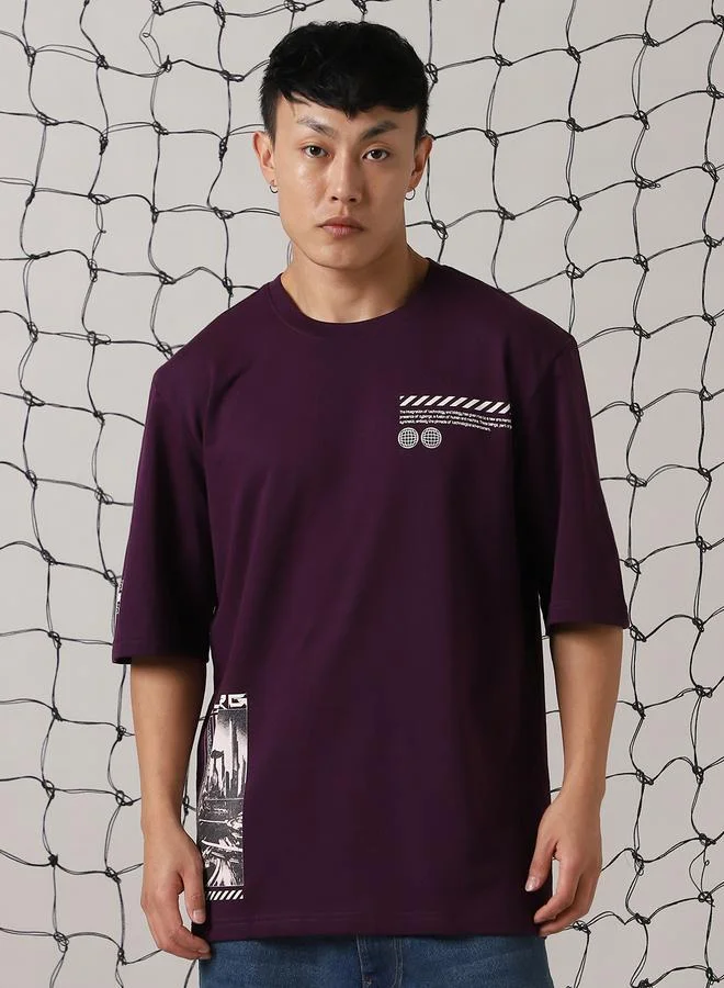 Hubberholme Men's Purple 100% Cotton Printed Oversized T-Shirt
