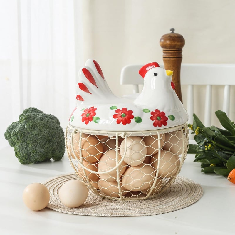 oskas Egg Storage Baskets for Fresh Eggs, Kitchen Countertop Storage Organization Egg Dispenser, Ceramic Chicken Lid with Wire Basket, Holds 20-25 Eggs - Image 2