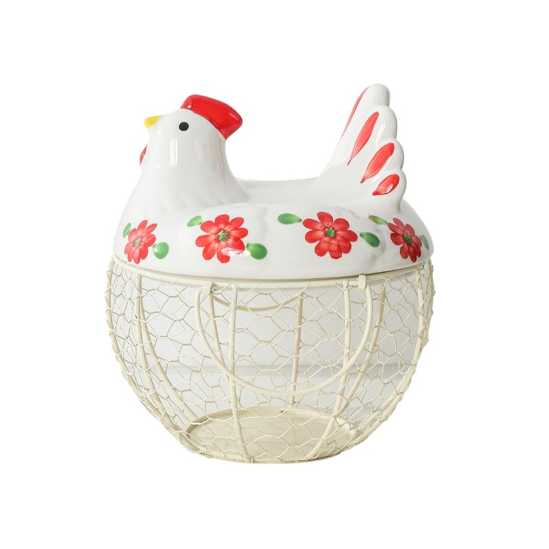 oskas Egg Storage Baskets for Fresh Eggs, Kitchen Countertop Storage Organization Egg Dispenser, Ceramic Chicken Lid with Wire Basket, Holds 20-25 Eggs - Image 1