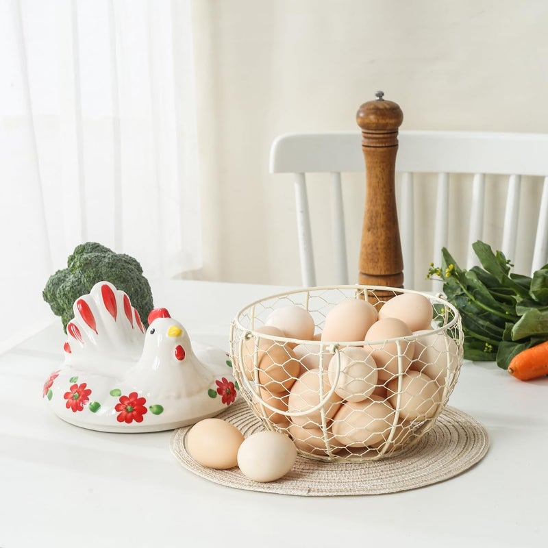 oskas Egg Storage Baskets for Fresh Eggs, Kitchen Countertop Storage Organization Egg Dispenser, Ceramic Chicken Lid with Wire Basket, Holds 20-25 Eggs - Image 3
