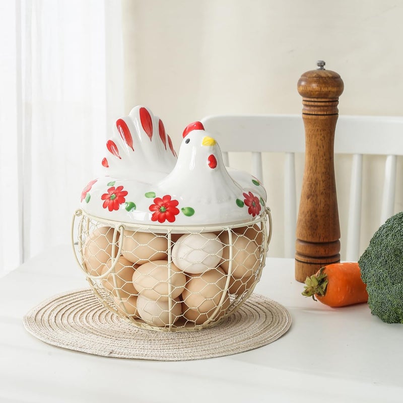 oskas Egg Storage Baskets for Fresh Eggs, Kitchen Countertop Storage Organization Egg Dispenser, Ceramic Chicken Lid with Wire Basket, Holds 20-25 Eggs - Image 4
