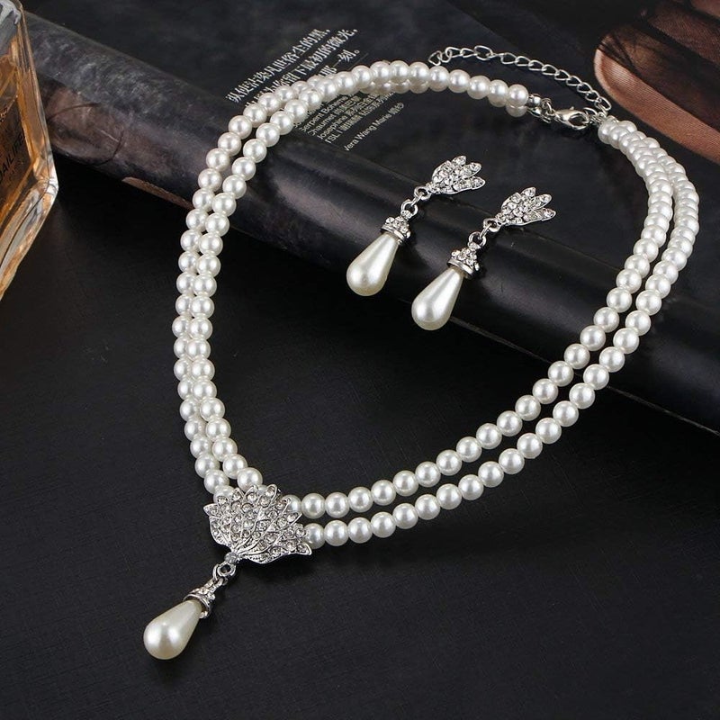 Shining Diva Fashion 18K Gold Plated Pearl Necklace Set with Cubic Zirconia Earrings for Women - Image 4