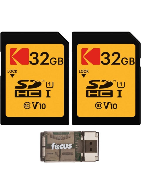 Kodak 32GB Class 10 UHSI SDHC Memory Card 2Pack Bundle with Focus USB Card Reader 3 Items