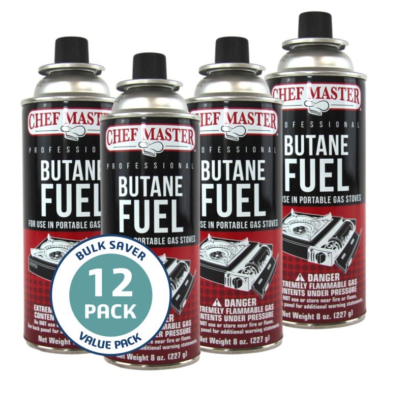 12 x 8oz Butane Fuel Canister by Chef Master Tin Canister for Tailgating Picnics Hikings Road Trip Car Camping Butane Fuel Refill for Kitchen Torch Portable Stove Portable Camp Stoves  90340