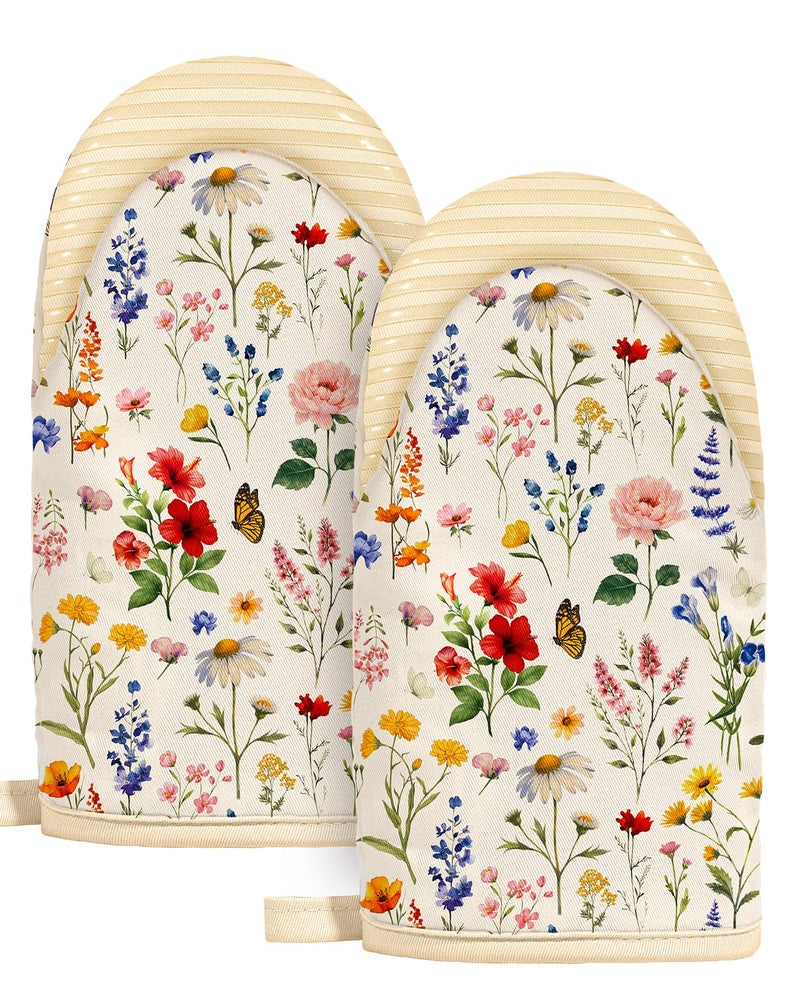 Slohif Vintage Floral Mini Oven Mitts Set â€“ Beige Extended Short Heat Resistant Kitchen Gloves for Women, 100% Cotton Oven Mitts with Silicone Grips, Non-Slip and Thick Durable for Cooking & Baking - Image 1