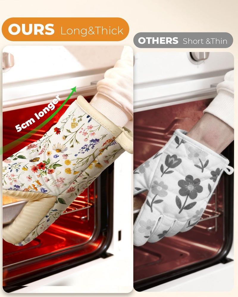 Slohif Vintage Floral Mini Oven Mitts Set â€“ Beige Extended Short Heat Resistant Kitchen Gloves for Women, 100% Cotton Oven Mitts with Silicone Grips, Non-Slip and Thick Durable for Cooking & Baking - Image 3