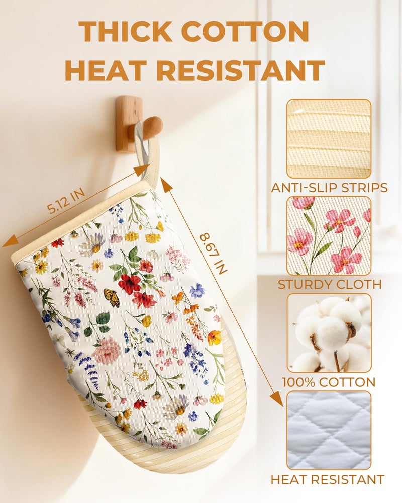 Slohif Vintage Floral Mini Oven Mitts Set â€“ Beige Extended Short Heat Resistant Kitchen Gloves for Women, 100% Cotton Oven Mitts with Silicone Grips, Non-Slip and Thick Durable for Cooking & Baking - Image 2