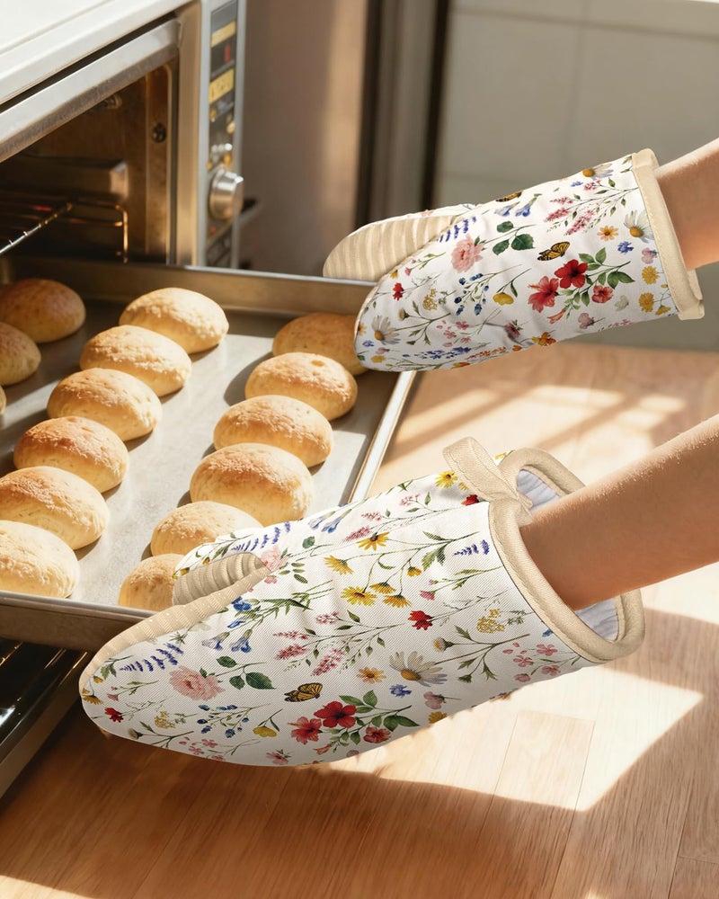 Slohif Vintage Floral Mini Oven Mitts Set â€“ Beige Extended Short Heat Resistant Kitchen Gloves for Women, 100% Cotton Oven Mitts with Silicone Grips, Non-Slip and Thick Durable for Cooking & Baking - Image 5
